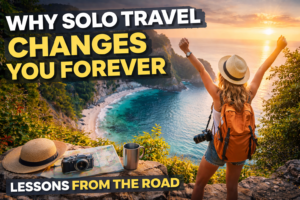 Solo traveler standing on a cliff overlooking the ocean at sunset, representing how solo travel changes your life and teaches lessons from the road.